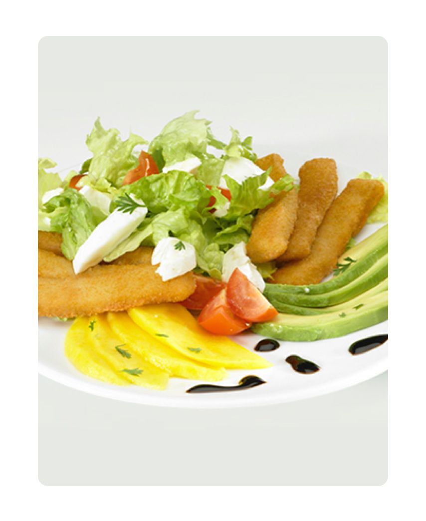 Crumbed Strips, Mango and Avocado Salad