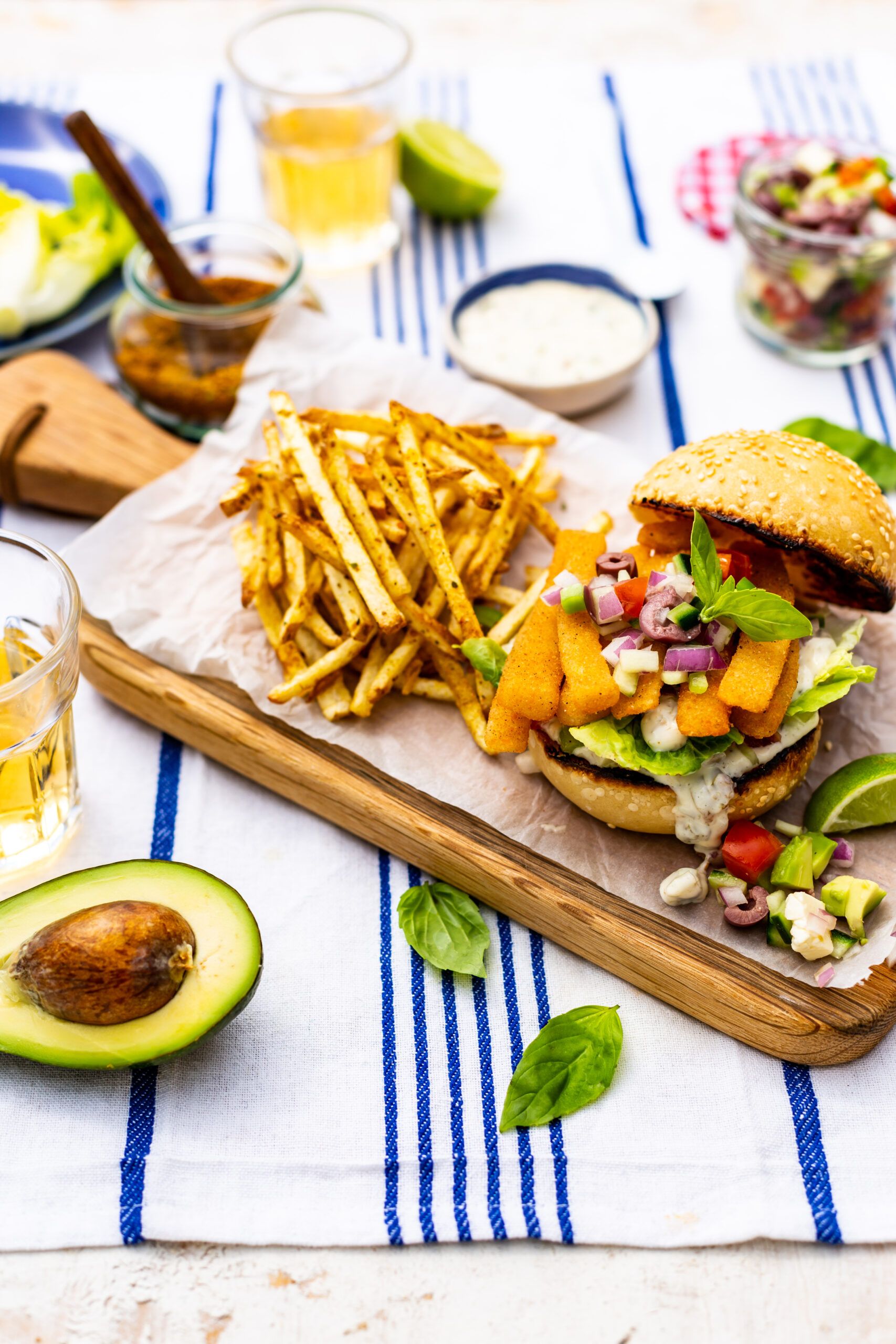 Greek Fish Burger With Spicy Chips and Tartar Sauce