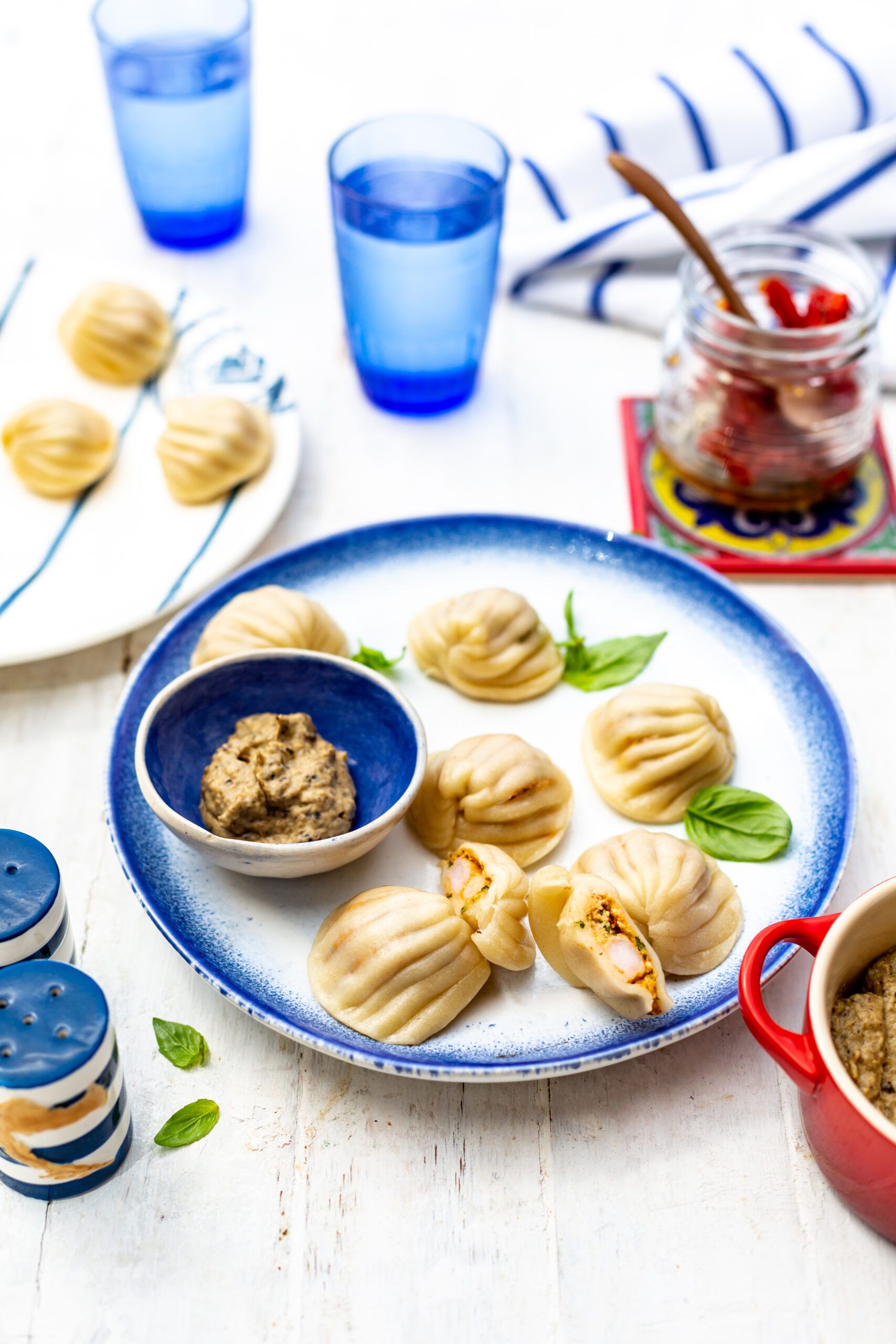 Prawn Pockets with Flamed Aubergine Dip